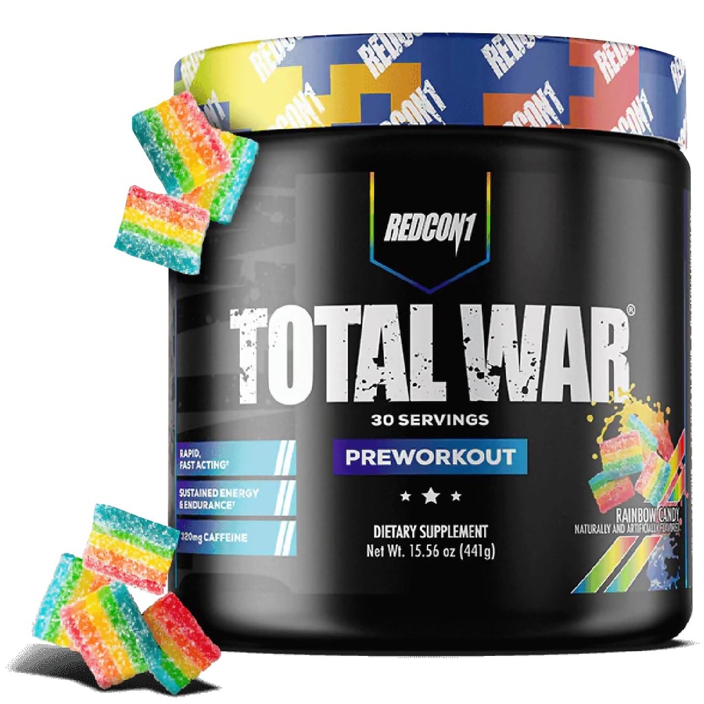 REDCON1 Total War Pre Workout, Rainbow Candy, L Citrulline, Malic Acid, Extrait de feuille de thé vert pour stimuler la pompe pré-entraînement pour les femmes et les hommes - 3.2g Beta Alanine pour réduire l'échappement, 30 portions