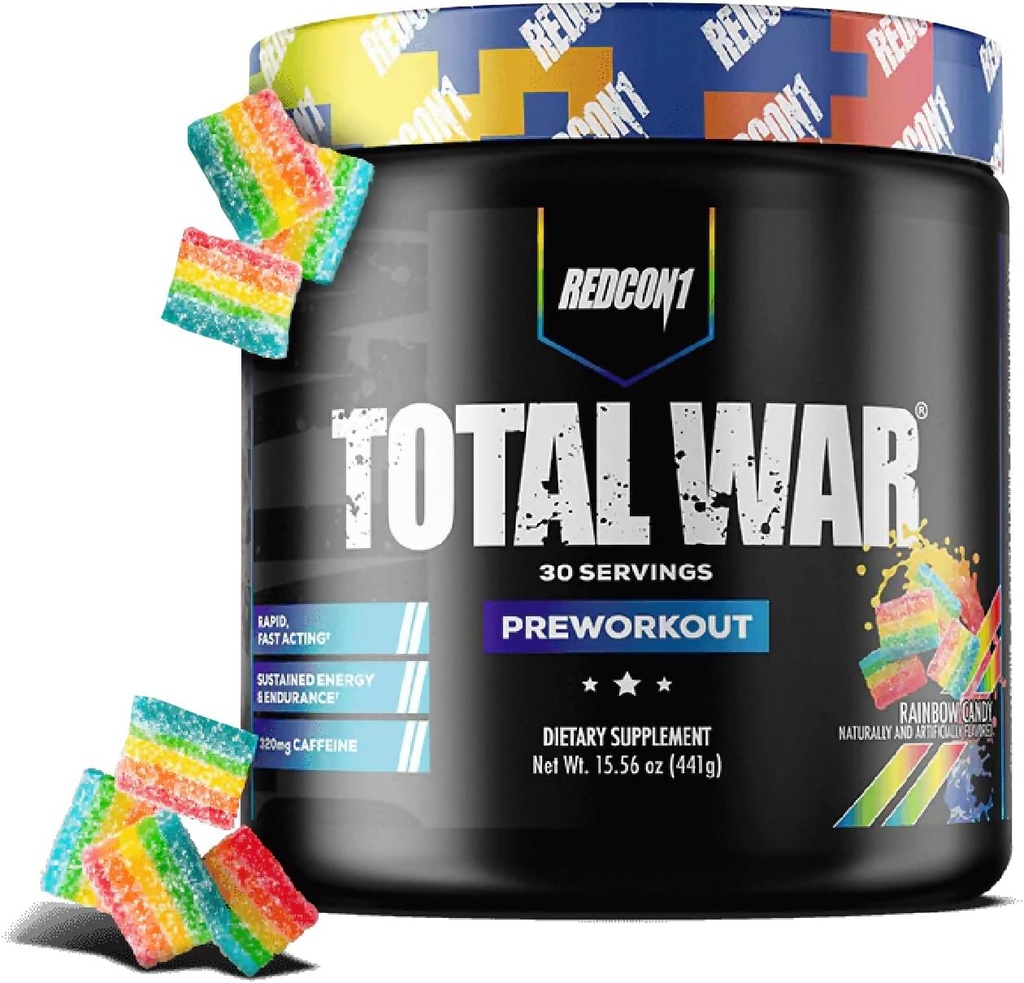 REDCON1 Total War Pre Workout, Rainbow Candy, L Citrulline, Malic Acid, Extrait de feuille de thé vert pour stimuler la pompe pré-entraînement pour les femmes et les hommes - 3.2g Beta Alanine pour réduire l'échappement, 30 portions