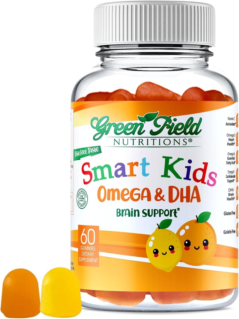 Greenfield Nutritions Smart Kids Halal Omega 3 Gommies avec DHA - 60 vitamines halales pour les enfants, soutient la santé cérébrale et immunitaire - Vitamines halales sans arachides, sans gluten, sans gluten et sans arachide