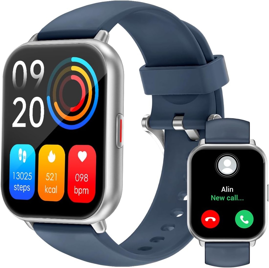 RUIMEN Smart Watches pour hommes Femmes (Réponse/Faites des appels, 2 bandes incluses), Smartwatch 1.8" pour iOS/Android Phones, Fitness Tracker Heart Rate/Sleep Monitor Montre numérique Imperméable Bleu