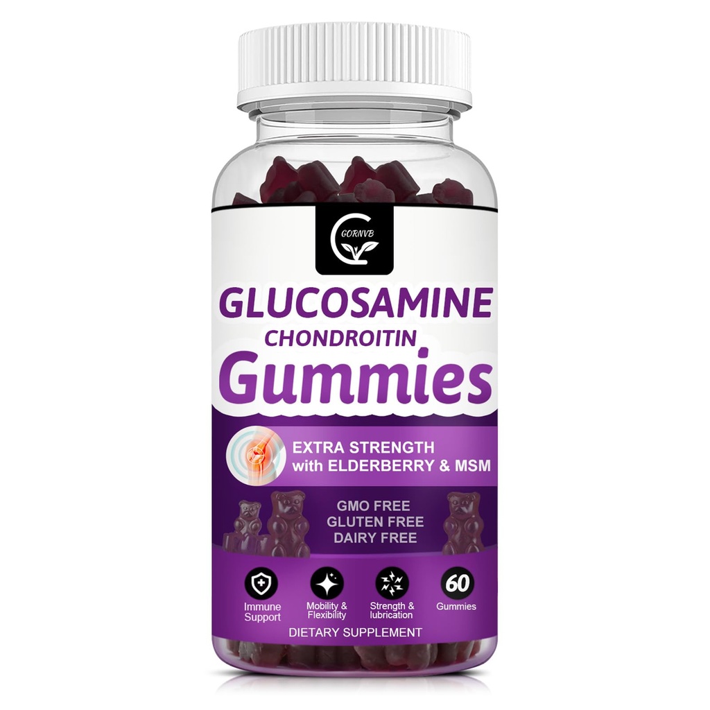GORNVB Glucosamine Chondroitin Gummies with MSM & Elderberry – Extra Strength Mobility & Flexibility Support, Antioxidant Immune Supplement for Women & Men