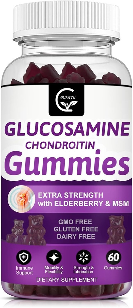 Glucosamine Chondritin Gommies avec MSM & Elderberry – Support de mobilité et de flexibilité extra-fort, Supplément immunitaire antioxydant pour les femmes et les hommes