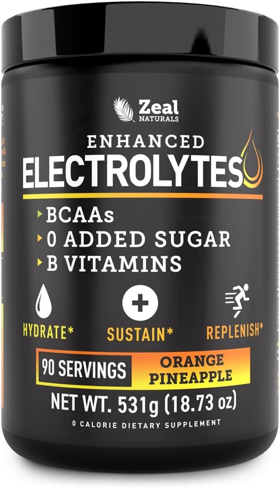 Zeal Naturals Electrolyte Powder Recovery Drink (90 portions d'ananas orange) w 0 Sucre + BCAAs + B-Vitamines Supplément Electrolyte w Potassium Zinc & Magnésium pour l'hydratation - Keto Electrolytes