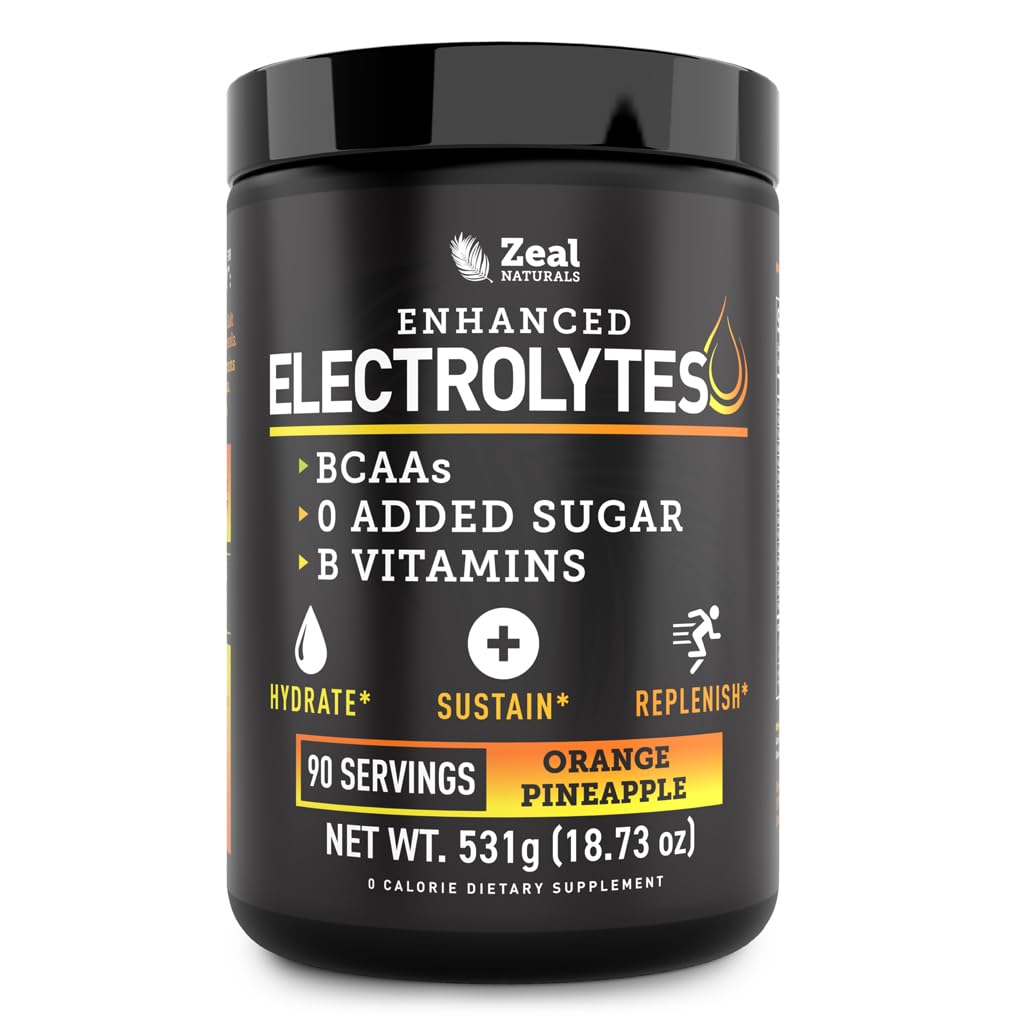 Zeal Naturals Electrolyte Powder Recovery Drink (90 portions d'ananas orange) w 0 Sucre + BCAAs + B-Vitamines Supplément Electrolyte w Potassium Zinc & Magnésium pour l'hydratation - Keto Electrolytes