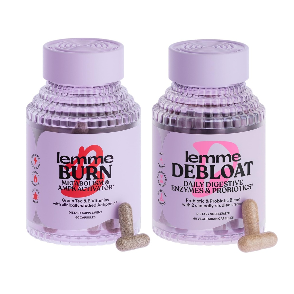 Lemme Burn & Debloat Capsule Bundle - Métabolisme et Fat Burning + Capsules Debloat pour Bloating & Gas Relief, Probiotiques et Prébiotiques - Sans gluten, Non-OGM - 60 Ct. Chaque