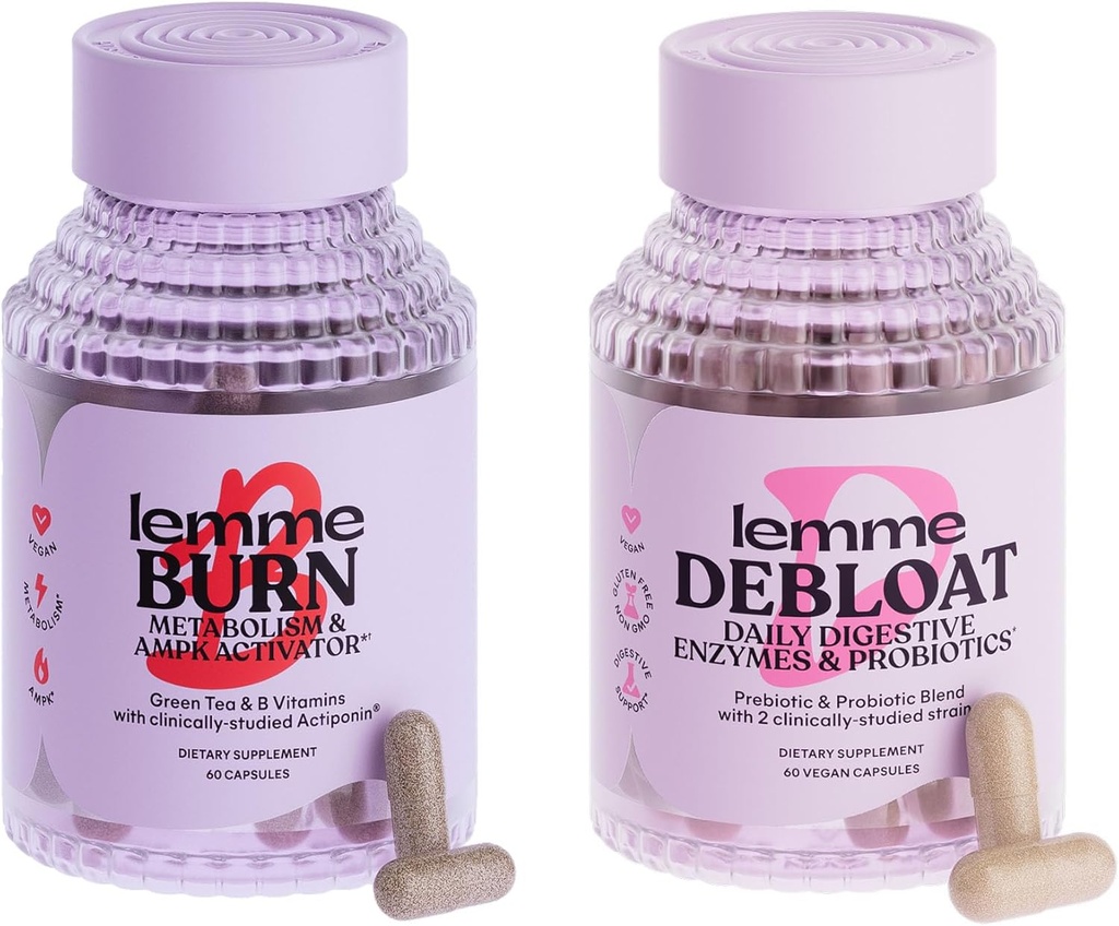Lemme Burn & Debloat Capsule Bundle - Métabolisme et Fat Burning + Capsules Debloat pour Bloating & Gas Relief, Probiotiques et Prébiotiques - Sans gluten, Non-OGM - 60 Ct. Chaque