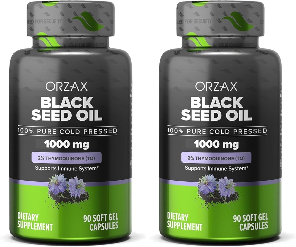 ORNAX Black Seed Oil 1000 mg Capsules à pression froide biologique pour les cheveux, la peau et les articulations - Riche en oméga 3 6 9 - Non-OGM, sans gluten - (90 Capsules de gel doux) (paquet de 2)