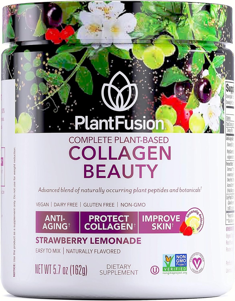 PlantFusion Végétalien Collagène Beauté - Végétalien Collagène Poudre pour femmes - Peau de cheveux et ongles Vitamines - Sans gluten, non-OGM, non-Dairy (Lémonade Strawberry 18 portions)
