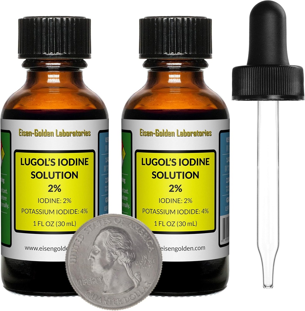 Iodine de Lugol / Solution de 2% / 2 Oz dans deux bouteilles en verre ambre / gouttes libres / États-Unis