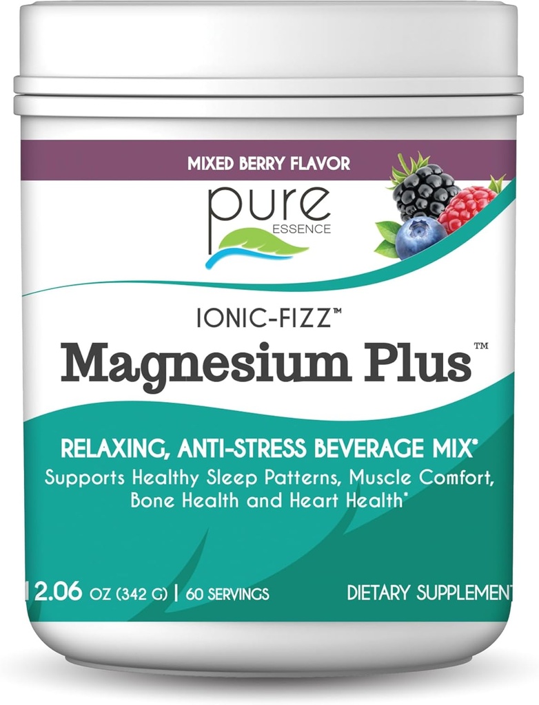 Pure Essence Labs Ionic Fizz Magnésium Plus, Supplément anti-stress boisson poudre, sans gluten et poudre de magnésium non-OGM (Berry mixte, 12.06 Ounce (paquet de 1))