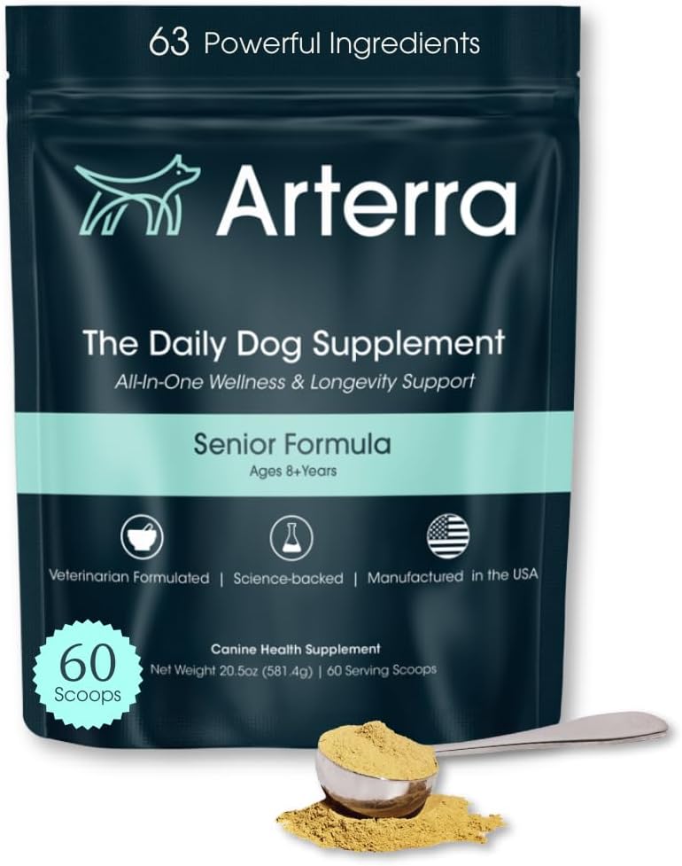 Supplément de poudre de chien senior et topper alimentaire – 63 ingrédients pour la santé des articulations, des intestins, des immunes et du cerveau – multivitamine quotidienne longuevitamine avec glucosamine, probiotiques et huile de poisson