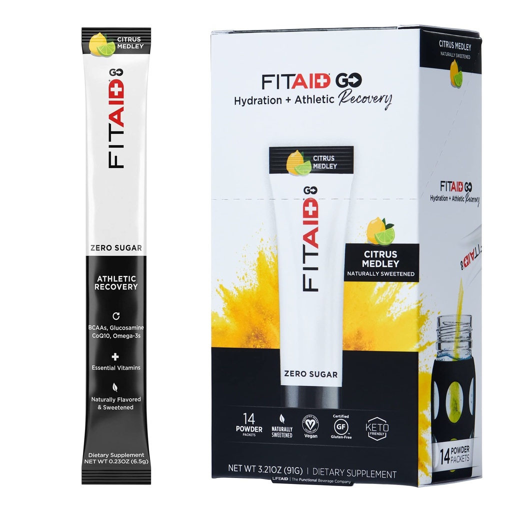 FITAID GO ZERO SUGAR Recovery Hydratation Packet, W/ BCAAs, Glucosamine, Electrolytes, Oméga-3s, 100% propre, Keto-friendly, Vegan & sans gluten, 5 calories, naturellement sucré, 14 pack