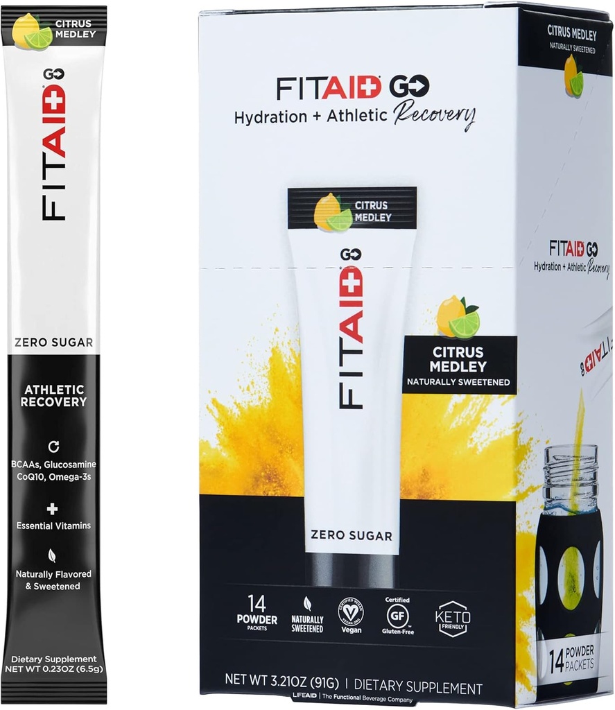 FITAID GO ZERO SUGAR Recovery Hydration Packet, W/ BCAAs, Glucosamine, Electrolytes, Omega-3s, 100% Clean, Keto-friendly, Vegan & Gluten-Free, 5 calories, Naturally Sweetened, 14 pack