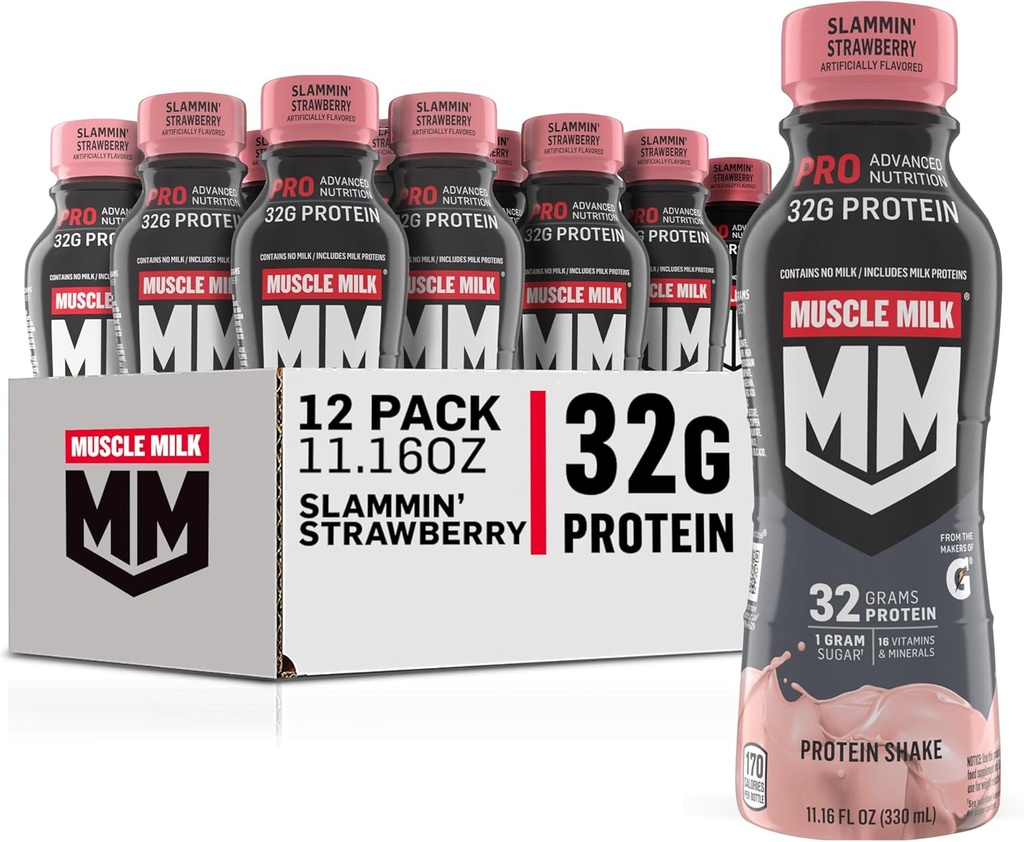 Muscle Lait Pro Nutrition avancée Protein Shake, Fraise de Slammin, 11.16 Fl Oz (paquet de 12), 32g Protéines, 1g Sucre, 16 Vitamines et minéraux, 5g Fibre