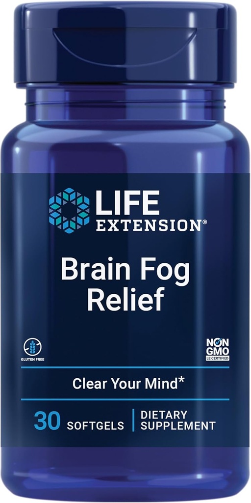 Life Extension Brain Fog Relief, Extrait de feuille de mangue, huile de menthe poivrée normalisée, supplément cervical nootrope pour la clarté et le focus, action rapide, sans caféine, sans gluten, sans OGM, 30 softgels