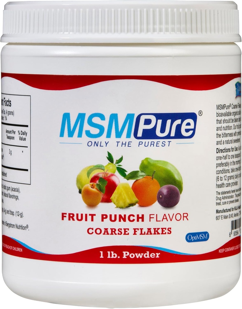KALA SANTE MSMPure Fruit Punch Aromatisé Arrosages en poudre MSM – Soufre organique pour la flexibilité articulaire, l'apparence de la peau et le soutien des cheveux et ongles – 1 lb, USA Made, Cristaux distillés