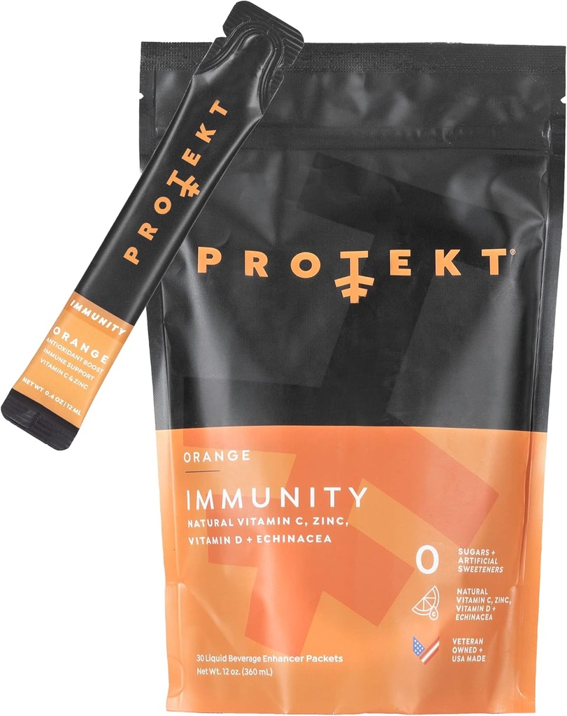 Protekt Immunity - Immune Support Liquid Formula with Zinc and Vitamin C - Natural, Sugar-Free Antioxidant and Vitamin Drink Mix Packets - Pack of 30 - Orange
