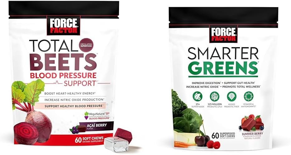 Force Factor Total Beets Blood Pressure Support Supplements with Beet Powder & Smarter Greens Superfood Chews