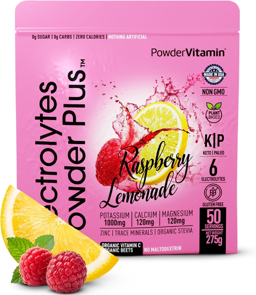 PoudreVitamine Electrolytes Poudre Plus (50 portions) Lémonade framboise Electrolyte Poudre Zéro Calorie Keto, 0 Sucre, Pas de Maltodextrine,1000mg Potassium,120mg Calcium,120mg Magnésium, Poudre d'hydratation