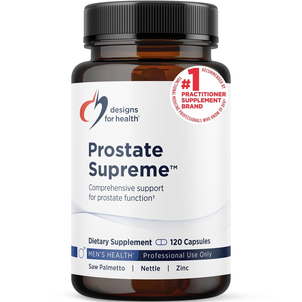 Designs for Health Saw Palmetto Prostate Supplément pour hommes - Prostate Supreme avec Saw Palmetto, DIM, Vitamines, Bouilloire, Zinc + Chrysine - Non-OGM, Sans soja (120 capsules)