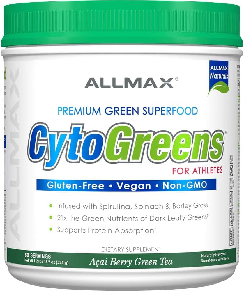 AllMAX Nutrition - Poudre de Cytogreens Super Greens, infusée de spiruline, d'épinards et d'orge, soutient la santé immunitaire et digestive, sans gluten et végétalien, 60 portions (thé vert acai Berry)