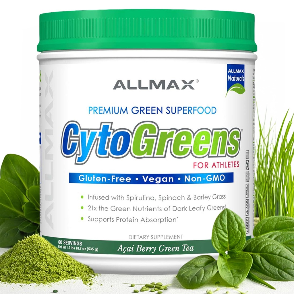 AllMAX Nutrition - Poudre de Cytogreens Super Greens, infusée de spiruline, d'épinards et d'orge, soutient la santé immunitaire et digestive, sans gluten et végétalien, 60 portions (thé vert acai Berry)