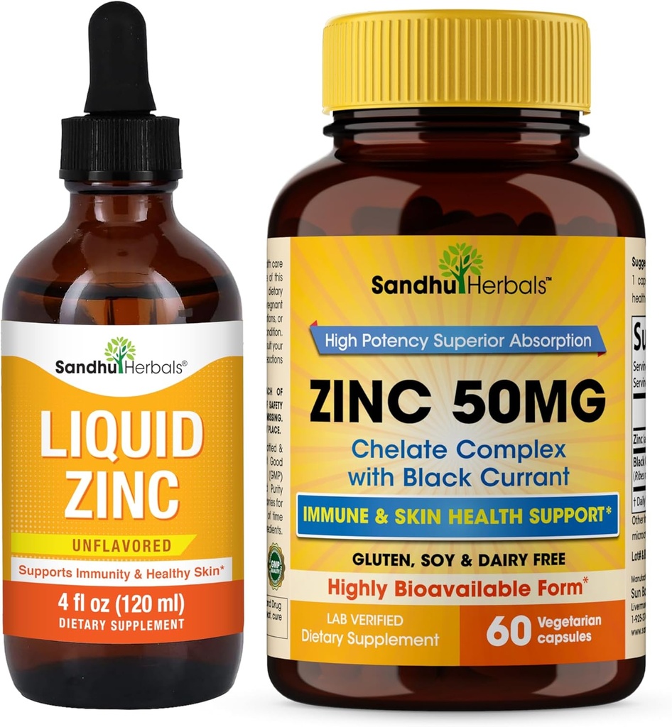 Sandhu Herbals Liquid Zinc Drops 4 Oz & Zinc Capsules 60 Complètement de Compte.