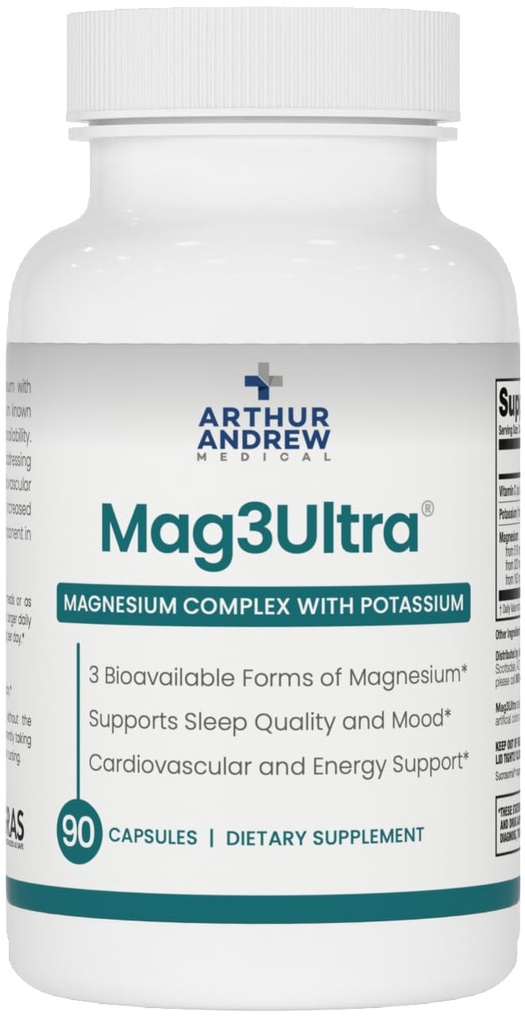 Arthur Andrew Medical, Supplément de Mag3Ultra Triple Magnésium, Sucrosomial, Bisglycinate, Taure pour les muscles, le stress, l'humeur, Nerve, Bone & Heart Support, 90 Capsules