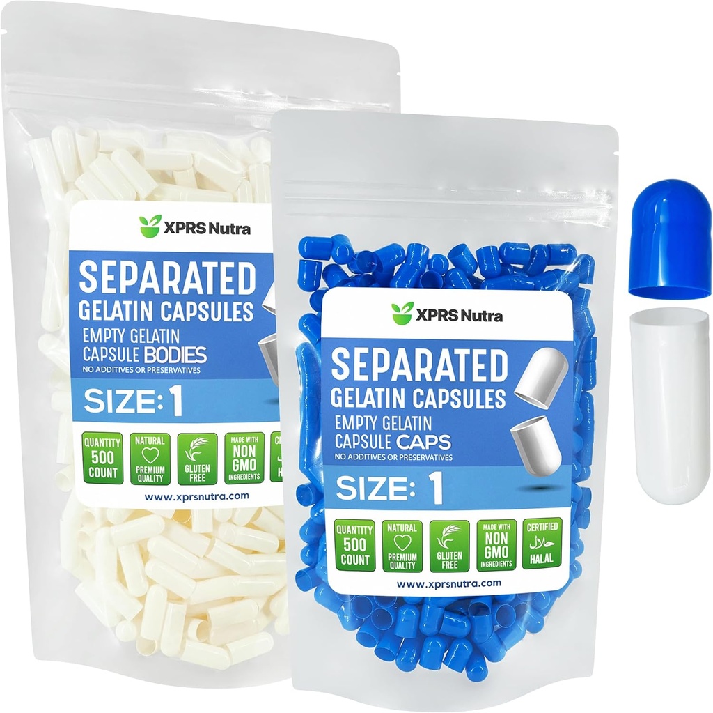 XPRS Nutra Taille 1 Capsules séparées par la gélatine - 500 capsules vides de comptage séparées dans des sacs - pilules vides vides vide pour le remplissage de supplément de bricolage (bleu/blanc)
