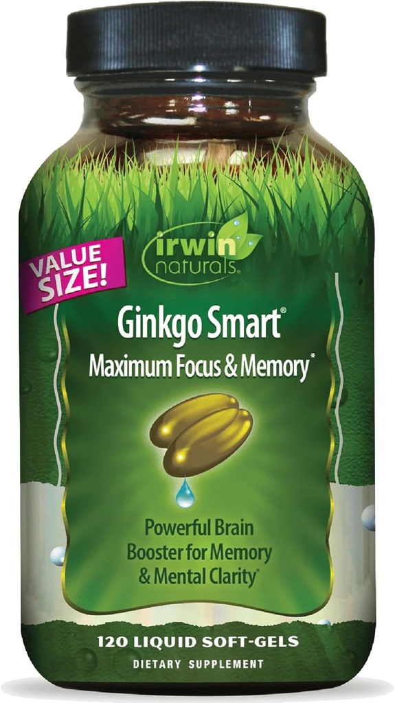 Irwin Naturals Ginkgo Smart Powerful Nootropic Cerveau Booster - prend en charge la mémoire maximale, le focus et la clarté mentale avec DMAE, Clubmoss, Choline et acétyl L-Carnitine - 120 Softgels liquides