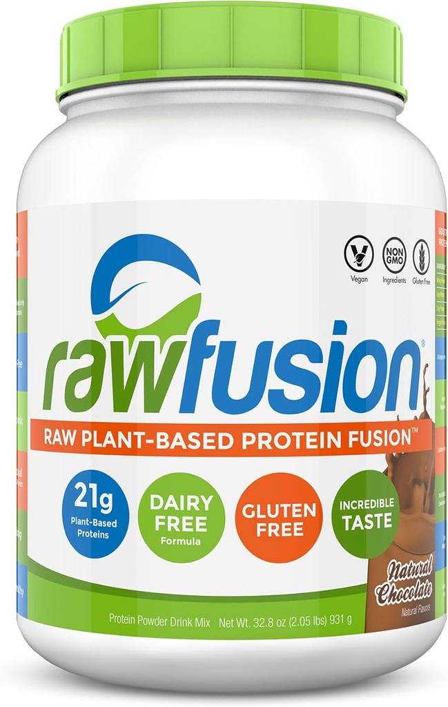 Rawfusion- Poudre de protéines végétales, Chocolat naturel - 30 portions, 21g de protéines végétales, faibles glucides nets, non laitiers, sans gluten/lactose, sans soja, sans casher, sans OGM, 2 livres