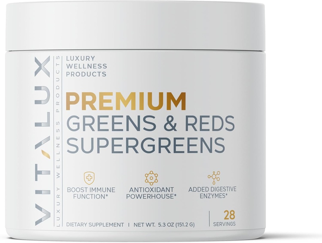 VITALUX=" #1 Rated Premium Greens & Reds Superfood Powder"="Immune Function, Ajout d'antioxydants, Charged w/ Enzymes digestifs"="17 ingrédients puissants" 3ème partie testée, Vegan + USA Made - 28 Jours