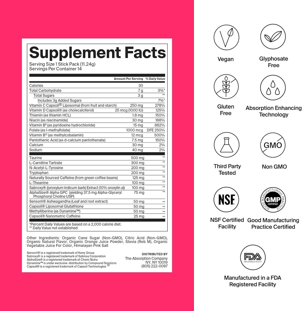 The Absorption Company Energy Drink Powder Mix Packets – Clean Energy Booster to Support Alertness with 150mg Natural Caffeine & Vitamin C – Fruit Punch Flavor, 28 Sticks