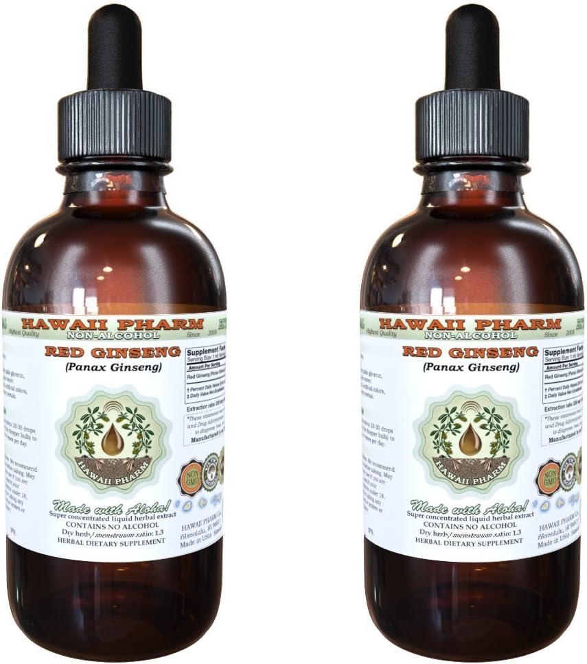 Ginseng rouge Extrait liquide sans alcool, Ginseng rouge biologique (Panax Ginseng) supplément à base de plantes glycérites séchées, Hawaii Pharm, États-Unis 2x4 fl.oz
