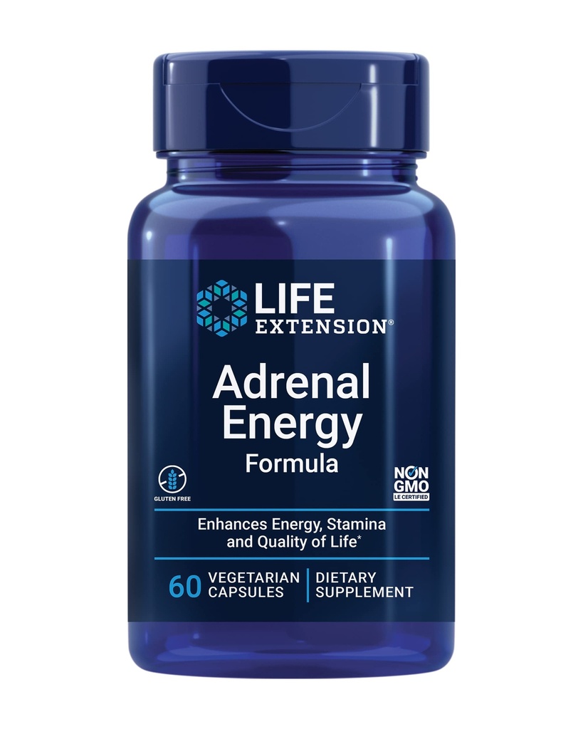 Prolongation de vie Formule d'énergie adrénale, aider à inhiber les effets du stress, basilic saint, cordyceps, bacopa et ashwagandha, sans gluten, non-OGM, végétarien, 60 capsules