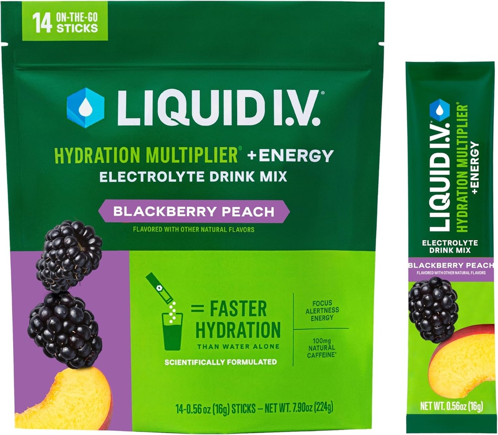 Liquid I.V.® Hydration Multiplier+Energy | Blackberry-Peach | Electrolyte Powder Drink Mix | 3 Pack (42 Servings)