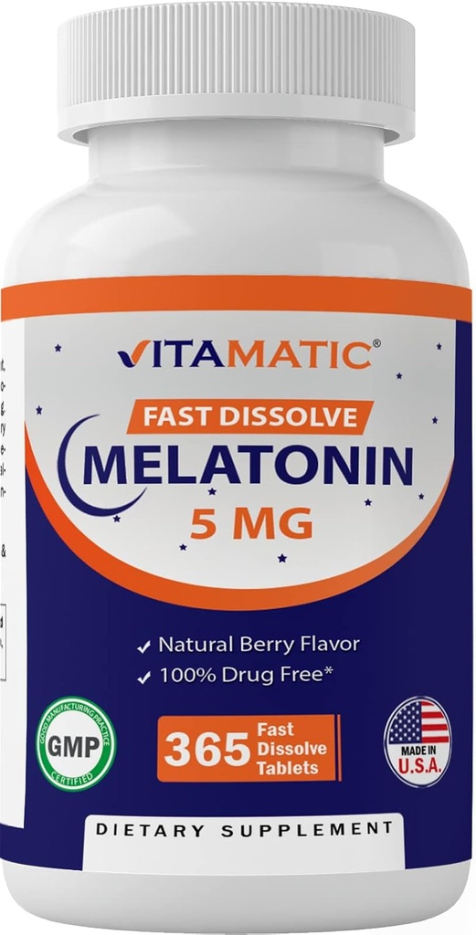 Mélatonine vitamatique 5 mg Comprimés de Végétarien, Non-OGM, Sans gluten. Comprimés