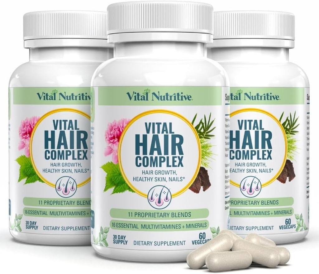 Vital Hair Complex - Vitamines pour les femmes et les hommes -Biotine et Vitamine B - Supplément de croissance pour cheveux et ongles sains -Hormone et sans gluten - Vitamines pour les femmes