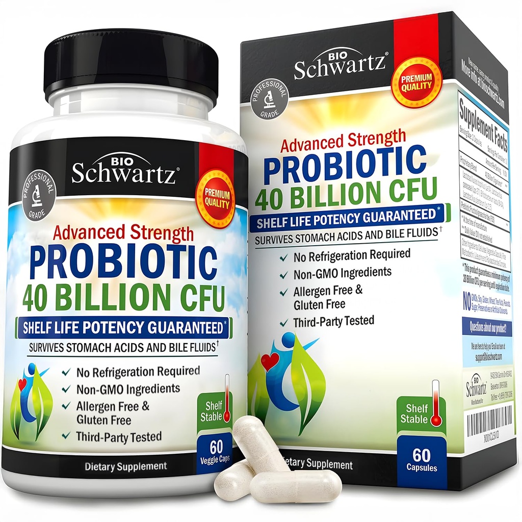 BioSchwartz Supplément nutritionnel probiotique quotidien - 40 milliards d'UFC pour la santé de la gueule - Probiotiques pour les hommes et les femmes - Santé digestive avec Astragalus et Lactobacillus - Étagère stable - 60 Compte