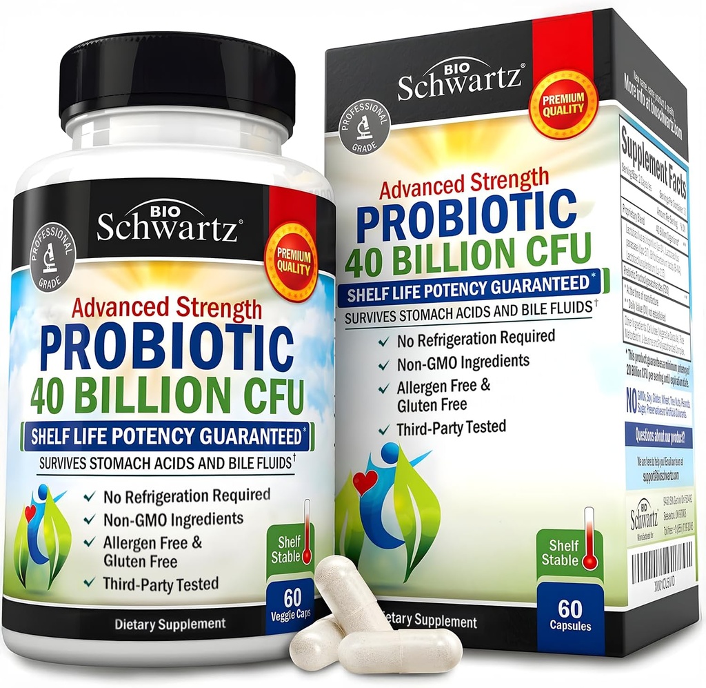 BioSchwartz Supplément nutritionnel probiotique quotidien - 40 milliards d'UFC pour la santé de la gueule - Probiotiques pour les hommes et les femmes - Santé digestive avec Astragalus et Lactobacillus - Étagère stable - 60 Compte
