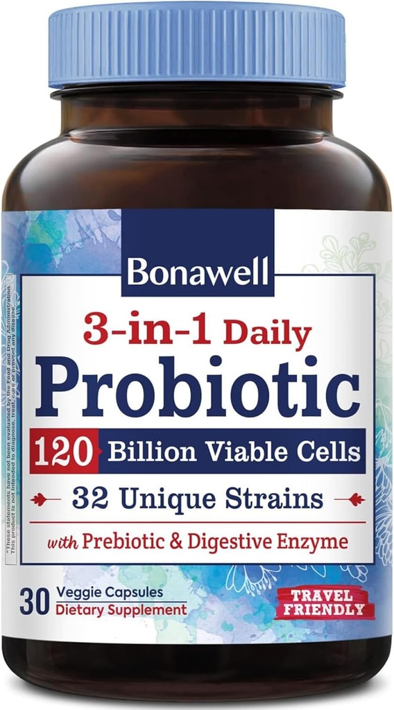 Bonawell Probiotics 120 milliards CFU 32 souches avec prébiotiques, enzymes digestives pour la santé des Guts, 3-en-1 probiotique quotidien, plateau-stable, libération retardée, 30 capsules de légumes