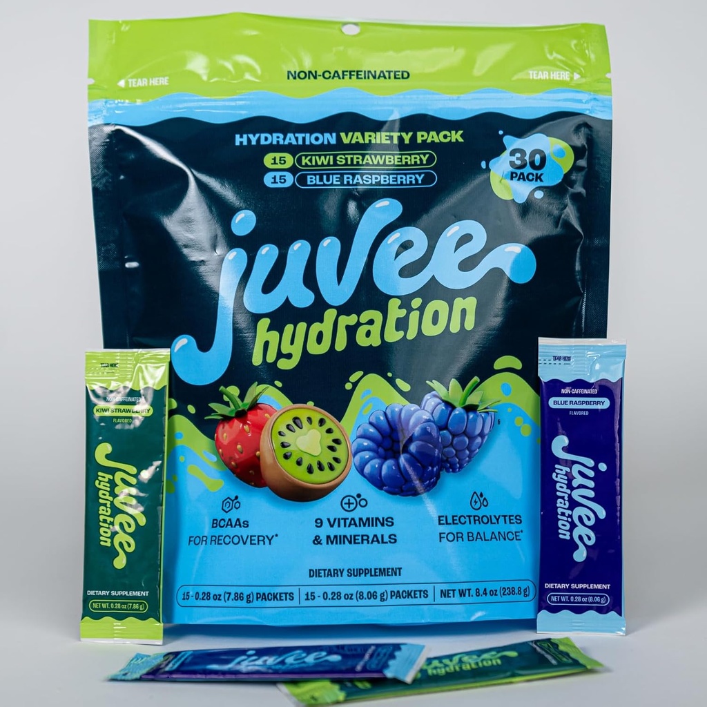 Hydratation de juve - Zéro sucre, sans caféine, électrolytes, BCAA, vitamines et minéraux - 15 calories, sans gluten, végétalien, non-OGM - lot de variétés - 30 Nombre