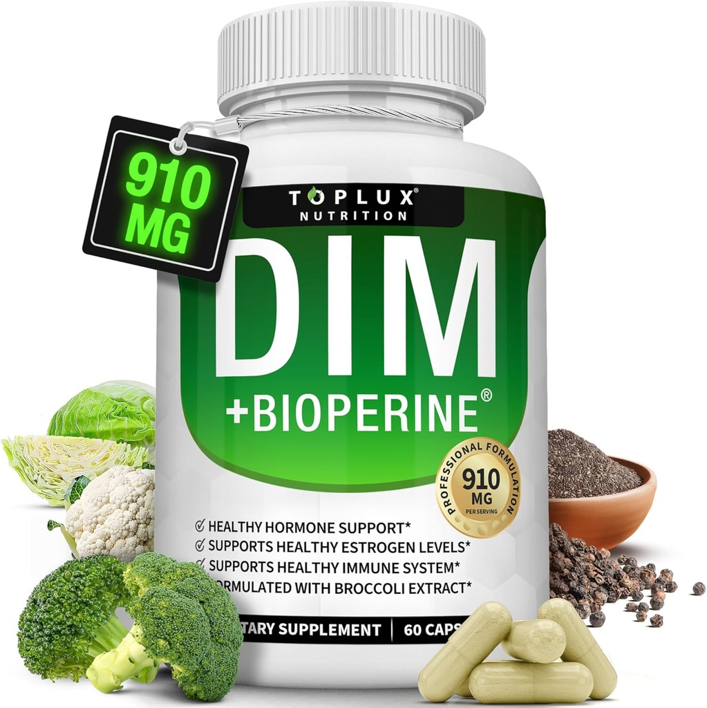 Dim Supplément 910 mg Plus Complexe BioPerine - Diindolylméthane pour soutenir l'équilibre hormonal et le métabolisme œstrogène, aide avec l'acné ménopause PCOS Bodybuilding de la peau, pour les hommes femmes, 60 Capsules