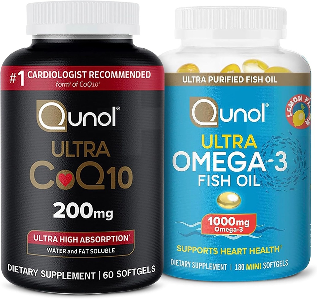 Qunol CoQ10 100mg Softgels, 3X Meilleure absorption, 4 mois d'approvisionnement, 120 Compte + Huile de poisson Oméga 3 Mini Softgels, 1000mg Oméga 3 EPA + DHA, 3 mois d'approvisionnement, 180 Compte