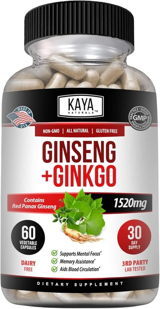 Kaya Naturals Panax Rouge Ginseng + Ginkgo Biloba - Supplément Cerveau Nootropique - Soutien Cognitif et Concentration - Supplément Cerveau Booster, Focus et Mémoire - 60 Capsules