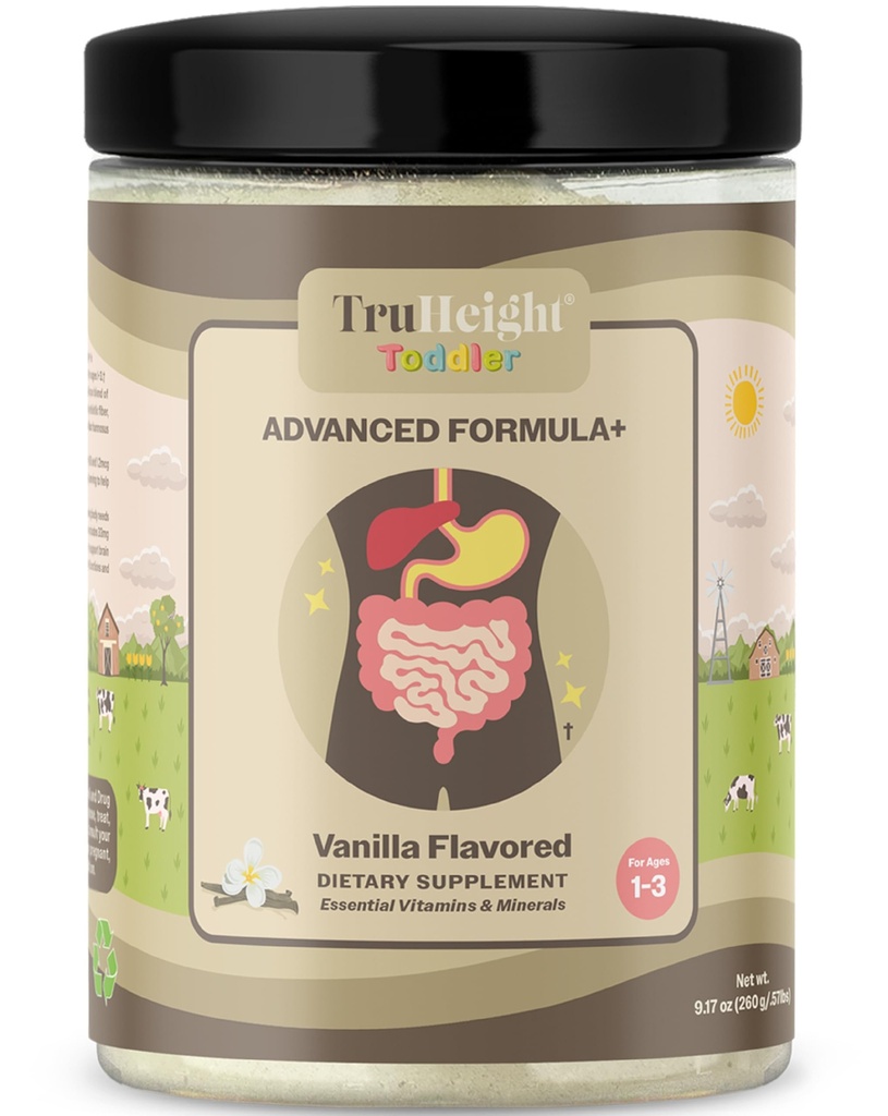 TruHeight Toddler Advanced Formula+ (Vanilla) 16 Vitamines incluant C, D, Protéines et Fer pour 1, 2, 3 ans, Lait à base de boisson nutritionnelle, Allaitement complet 12-36 mois - Non OGM