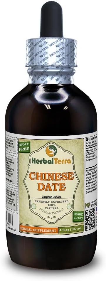Date chinoise (Ziziphus Jujuba) Teinture, extrait liquide de graines séchées biologiques (Marque: HerbalTerra, Fièrement fabriqué aux États-Unis) 4 fl.oz (120 ml)