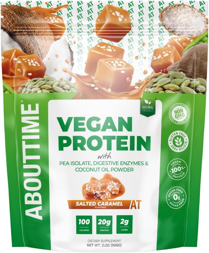 Au sujet du temps Poudre de protéine végétalienne 20g Caramel salé, ingrédients naturels, non-OGM, base végétale, sans gluten, sans soja, sans lait, 32 portions