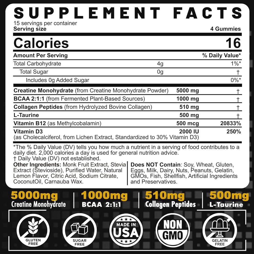 Complexe monohydraté de la créatine pour hommes et femmes, 6-en-1 Créatine pré-entraînement à croquer avec BCAA, Collagen Peptides, L-Taurine, 15 portions, Saveur de citron naturel - 60 comtes (paquet de 1)