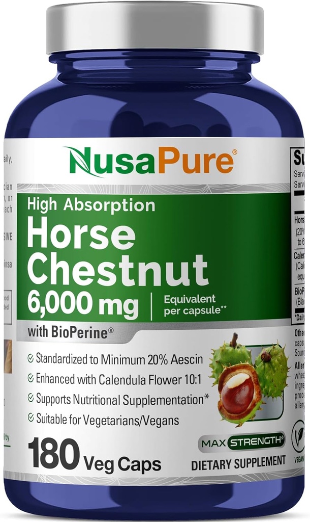NusaPure Horse Châtaigne 20:1 Extrait, 300 mg Équivalent à 6 000mg 180 Caps Végétiques Non-OGM, Vegan, BioPerine, Fleur de Calendula
